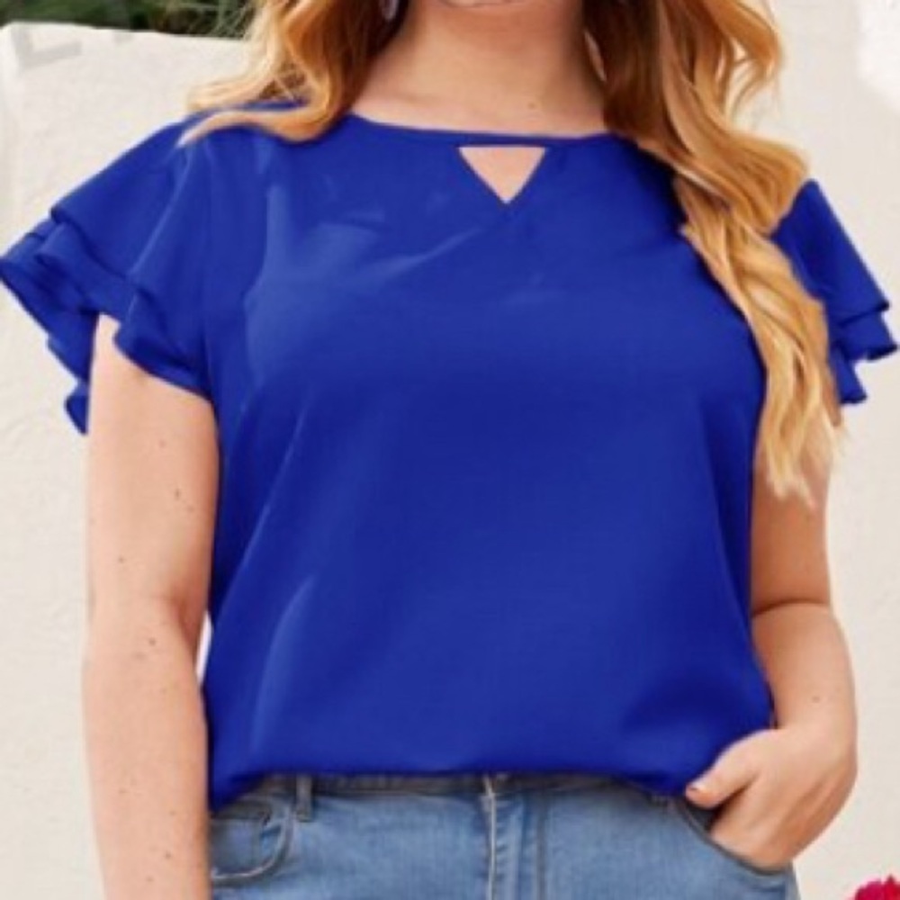 SHEIN Curve Royal Blue Keyhole Neck Layered Flutter Sleeve Top. Size: OXL